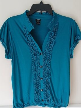 Vanity Teal Ruffle-Trim Button Down Blouse